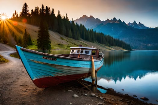a boat sits on the shore of a lake at sunset. AI-Generated photo