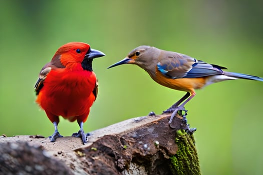 two birds are standing on a log. AI-Generated photo