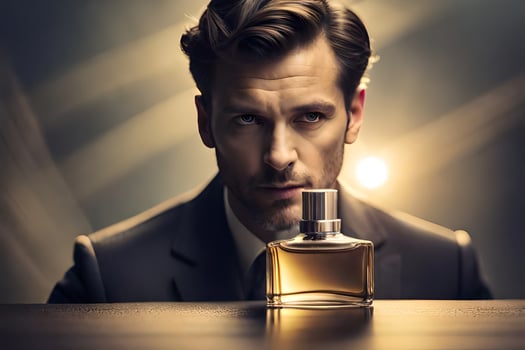 a man in a suit holding a bottle of perfume. AI-Generated photo