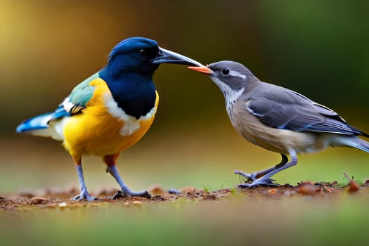 two birds standing on the ground with their beaks open. AI-Generated photo