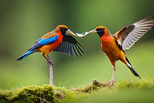 two birds are standing on a branch with their wings spread. AI-Generated photo