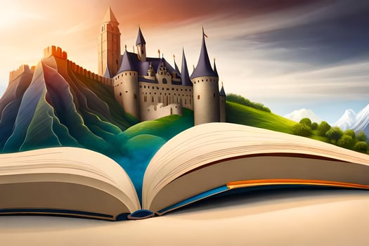 an open book with a castle on top of it. AI-Generated photo
