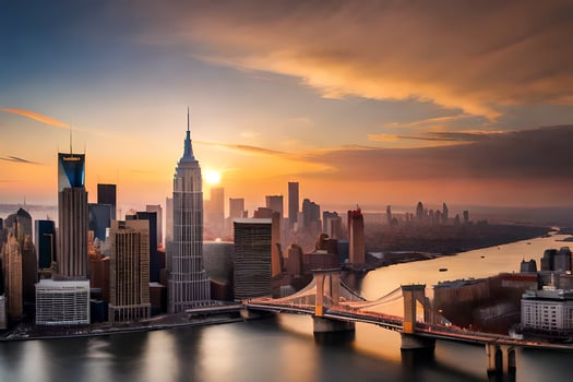 the sun sets over the new york city skyline. AI-Generated photo
