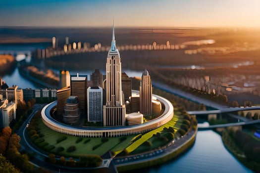 the city is surrounded by water and a river. AI-Generated photo