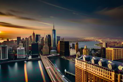 the sun sets over the city skyline in new york. AI-Generated photo