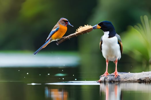 two birds standing on a log near water. AI-Generated photo