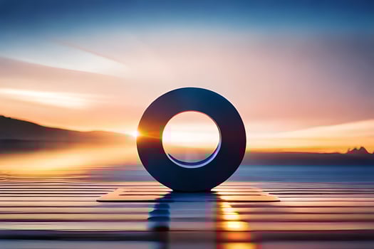 a circular object sitting on a dock at sunset. AI-Generated photo