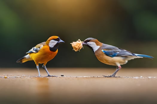 two birds eating food on the ground. AI-Generated photo