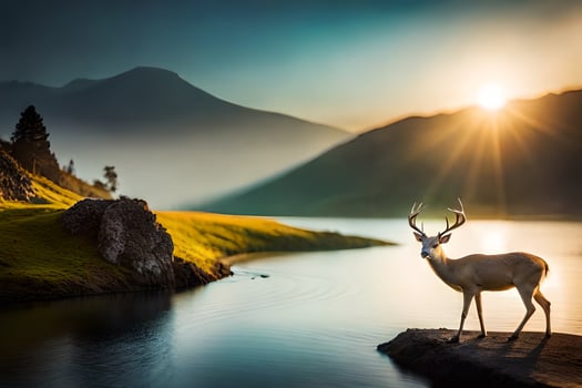 a deer stands on the edge of a lake at sunset. AI-Generated photo