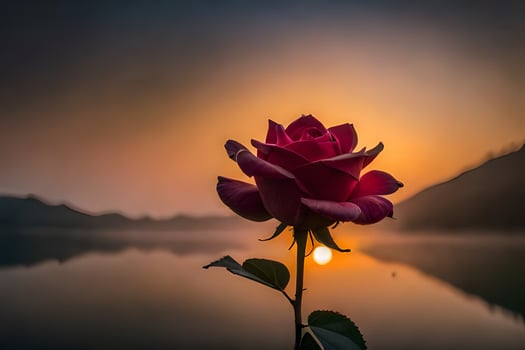 a rose is in front of the sun at sunset. AI-Generated photo