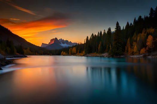 photo wallpaper the sky, mountains, trees, lake, the mountains, the sky, the mountains. AI-Generated