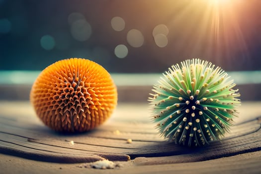 two colorful spiky balls sitting on a wooden table. AI-Generated photo