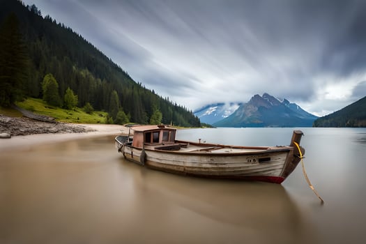 a boat sits on the shore of a lake. AI-Generated photo