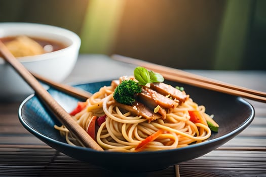 chinese food in a bowl with chopsticks. AI-Generated photo