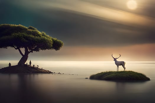 a deer stands on an island in the middle of the water. AI-Generated photo