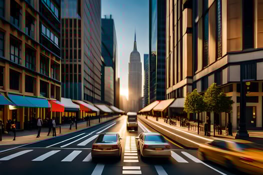 cars driving down a city street at sunset. AI-Generated photo