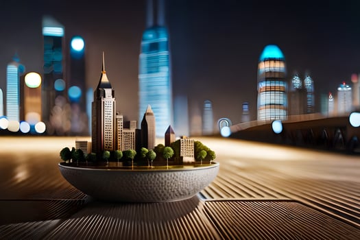 a cityscape with a small model of a city in a bowl. AI-Generated photo