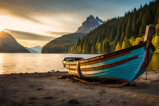 a boat on the shore of a lake. AI-Generated photo