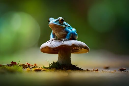 a blue frog sits on top of a mushroom. AI-Generated photo
