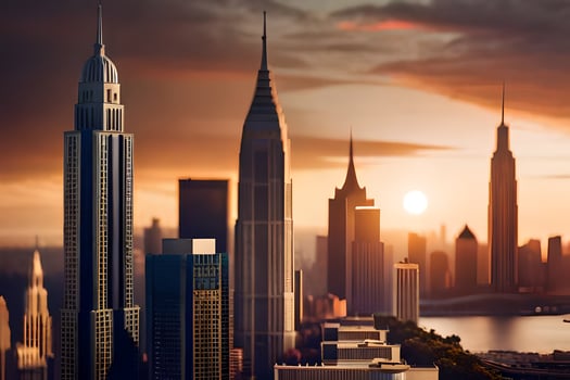 the sun is setting over a city skyline. AI-Generated photo