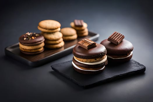 a chocolate and peanut butter sandwich on a black tray. AI-Generated photo