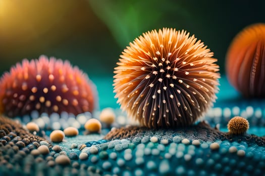 a close up of spiky balls on a blue background. AI-Generated photo