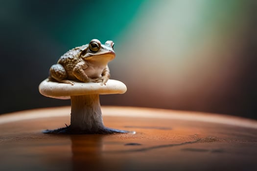 a frog sitting on top of a mushroom. AI-Generated photo