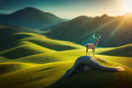 a deer stands on top of a hill in the middle of a green field. AI-Generated photo