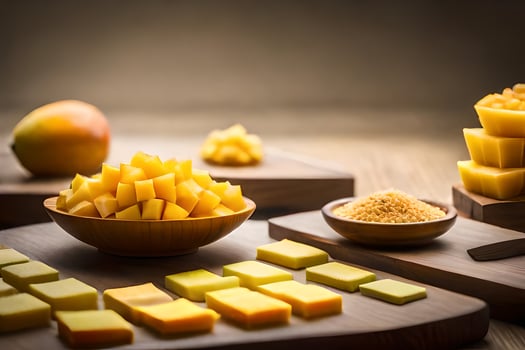 a wooden cutting board with various pieces of cheese. AI-Generated photo
