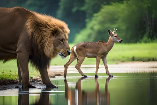 a lion and a deer standing next to each other. AI-Generated photo