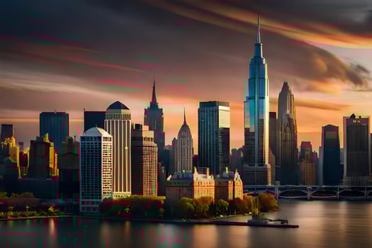 the city skyline at sunset with clouds in the sky. AI-Generated photo