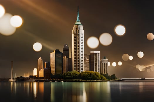 a city skyline with lights on it at night. AI-Generated photo