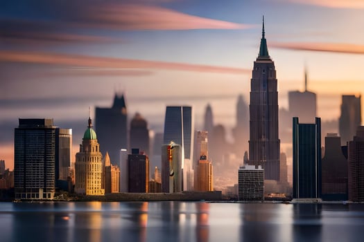 the city skyline is reflected in the water. AI-Generated photo