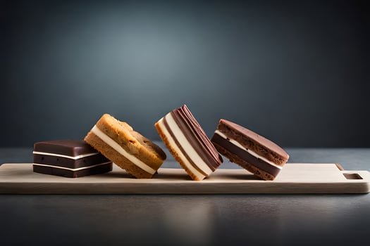 four different types of chocolate and cake on a wooden board. AI-Generated photo