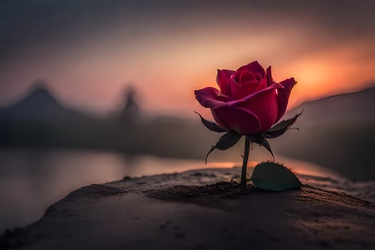 a single rose is growing from the ground in front of a sunset. AI-Generated photo