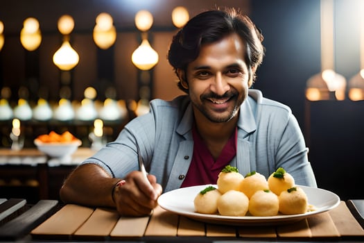 a man smiles while holding a plate of food. AI-Generated photo