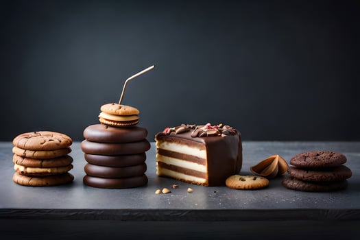 chocolate cake, cookies and a drink on a dark table. AI-Generated photo