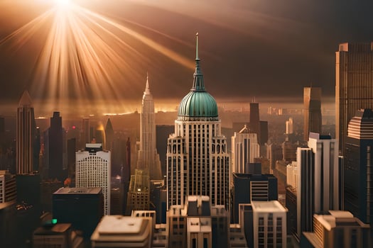 the sun shines brightly over a city skyline. AI-Generated photo