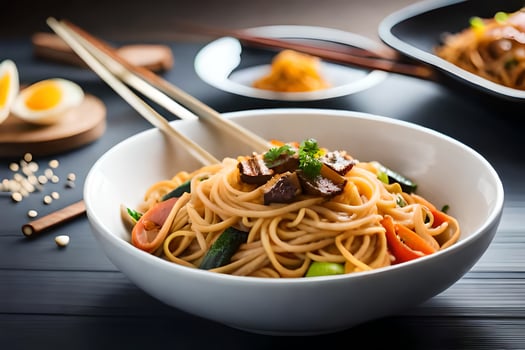 chinese noodles in a bowl with chopsticks. AI-Generated photo