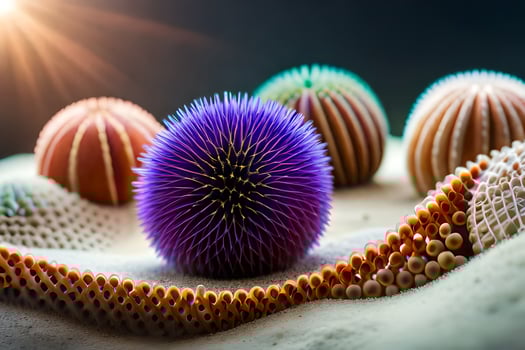 a group of colorful sea urchins on a sandy beach. AI-Generated photo