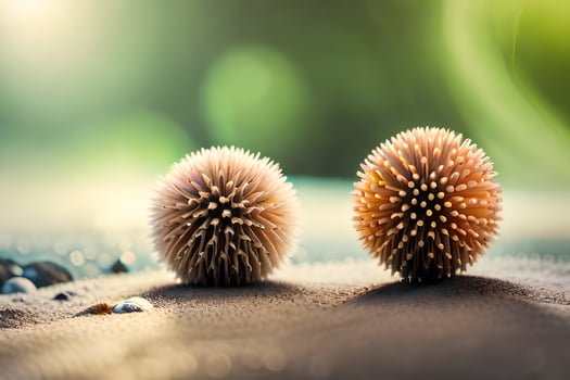 two small spiky balls sitting on the sand. AI-Generated photo