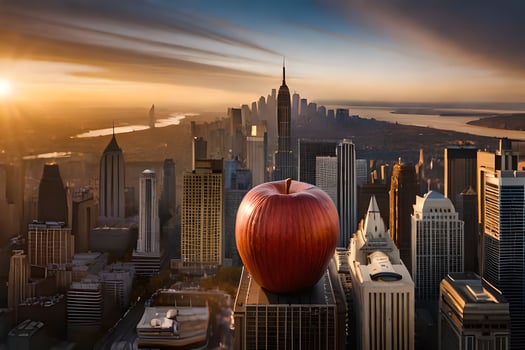 an apple sits on top of a skyscraper in front of a city. AI-Generated photo