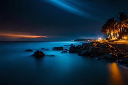 a long exposure photograph of a beach at night. AI-Generated photo
