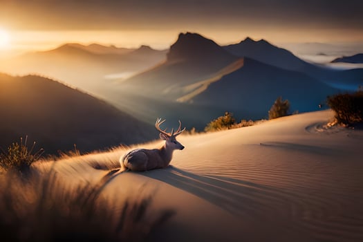 a deer sits on the sand in front of mountains. AI-Generated photo