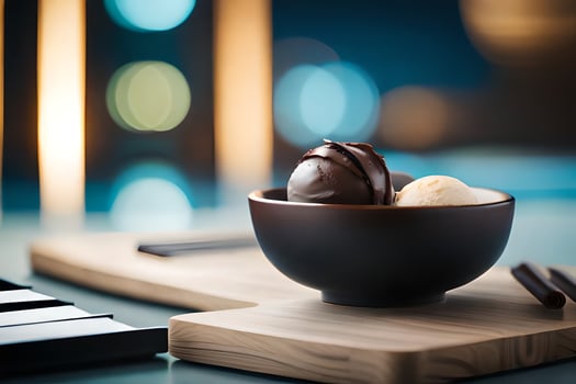 a bowl of chocolate ice cream with a piano in the background. AI-Generated photo