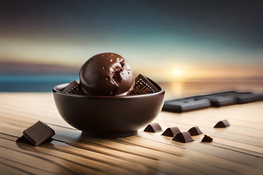 chocolate ice cream in a bowl with chocolate pieces. AI-Generated photo