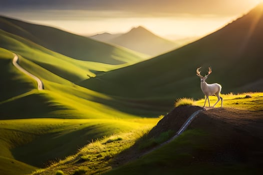 a deer stands on a hill in the middle of a green valley. AI-Generated photo