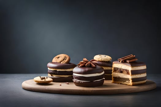 chocolate cakes on a wooden board with a dark background. AI-Generated photo