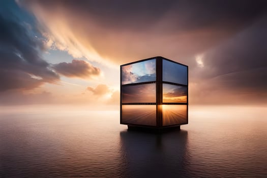 a cube with a sunset in the background. AI-Generated photo