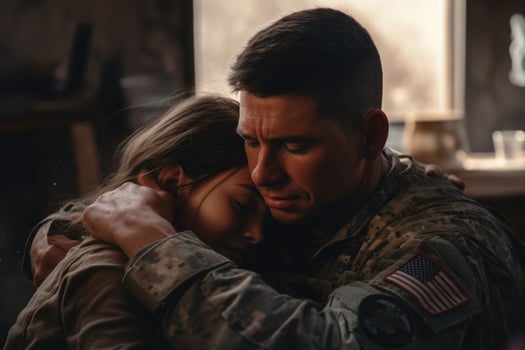 Military soldier embracing his daughter. Generative AI photo